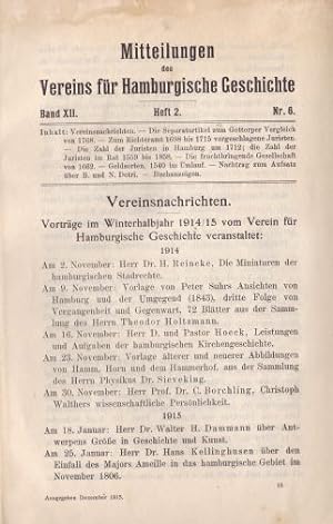 Bild des Verkufers fr des Vereins fr Hamburgische Geschichte. Band XII, Heft 2, Nr. 6. zum Verkauf von Antiquariat Heinz Tessin