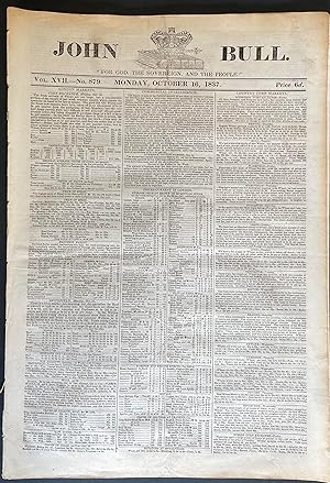 Seller image for John Bull Vol XVII No. 879 Monday, October 16, 1837; [The Vicar of Wrexhill] for sale by Allington Antiquarian Books, LLC (IOBA)