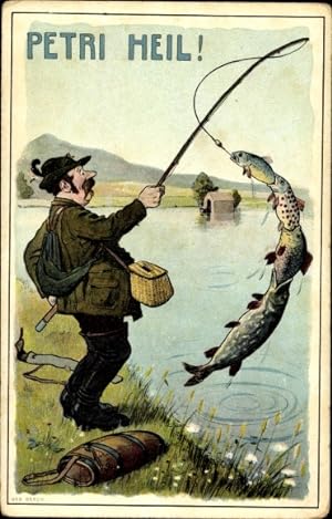 Ansichtskarte / Postkarte Petri Heil, Angler mit Fischen am Haken