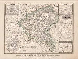 Provinz Posen 1849. Grenzkolorierte Stahlstich-Karte aus Meyers Zeitungs-Atlas. Mit 4 Nebenkarten...