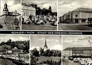 Bild des Verkufers fr Ansichtskarte / Postkarte Schleiz im Vogtland Thringen, Rennwagen v. d. Kommando Helfer raus, Kirche, Kaufhaus, Freibad zum Verkauf von akpool GmbH