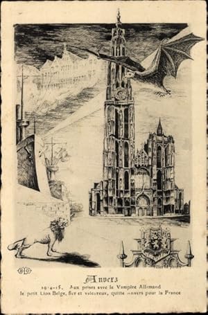 Bild des Verkufers fr Knstler Ansichtskarte / Postkarte Anvers Antwerpen Flandern, Deutscher Vampir, der kleine belgische Lwe zum Verkauf von akpool GmbH