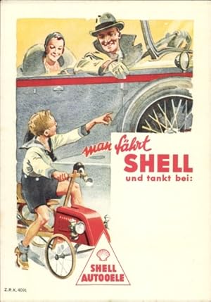 Künstler Ansichtskarte / Postkarte Man fährt Shell, Shell Auto-öle, Reklame, Paar im Automobil, J...