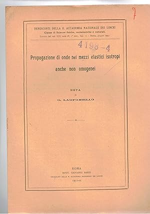 Imagen del vendedor de Propagazione di onde nei mezzi elastici isotropi anche non omogenei. Estratto. a la venta por Libreria Gull