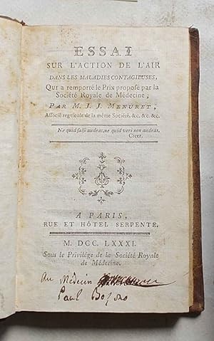 Bild des Verkufers fr Essai sur l'action de l'air dans les maladies contagieuses. Unito a: Memoire sur une question anatomique relative a la jurisprudence, Dans lequelle on tablit les principes pour distinguer  l'inspection d'un Corps trouv pendu, les signes du SUICIDE d'avec ceux de l'ASSASINAT. zum Verkauf von S.B. Il Piacere e il Dovere