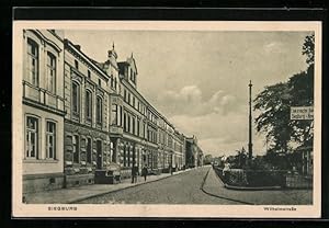 Ansichtskarte Siegburg, Wilhelmstrasse mit Eingang zum Bahnhof der Elektrischen Bahn und Passanten