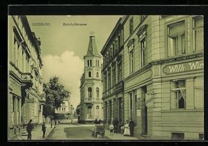 Ansichtskarte Siegburg, Bahnhofstrasse mit Cafe, Kirche und Passanten