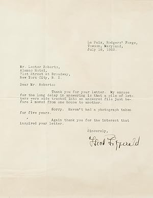 Seller image for Typed Letter Signed "F. Scott Fitzgerald" author of (Great Gatsby, This Side of Paradise, Beautiful and the Damned, Tender is the Night, Flappers and Philosopher's, etc.) for sale by Magnum Opus Rare Books