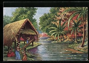 Bild des Verkufers fr Knstler-Ansichtskarte sign. E. v. Baumgarten: Sdsee-Ambiente mit Palmen zum Verkauf von Bartko-Reher