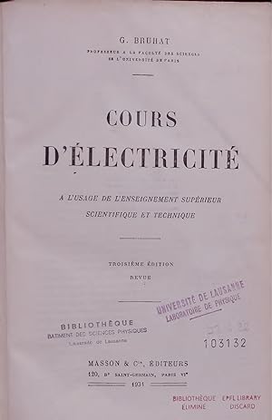 Bild des Verkufers fr COURS D'ELECTRICITE. zum Verkauf von Antiquariat Bookfarm