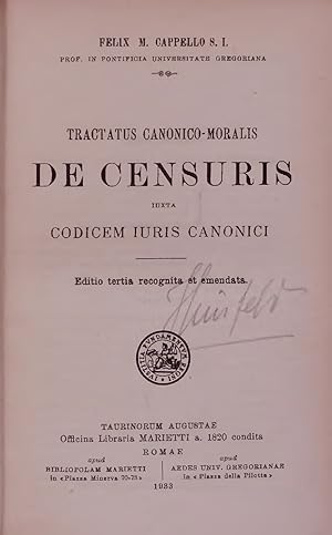 Seller image for TRACTATUS CANONICO-MORALIS DE CENSURIS IUXTA CODICEM IURIS CANONICI. Editto tertia recognita et emendata for sale by Antiquariat Bookfarm