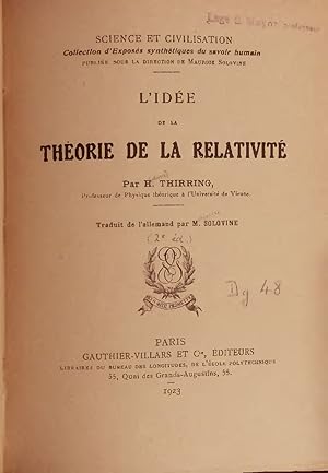 Bild des Verkufers fr L IDE DE LA thorie de la relativit. SCIENCE ET CIVILISATION zum Verkauf von Antiquariat Bookfarm