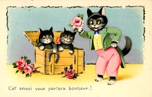 Bild des Verkufers fr Glitzer Ansichtskarte / Postkarte Drei schwarze Katzen, Truhe, Hufeisen, Rosen zum Verkauf von akpool GmbH