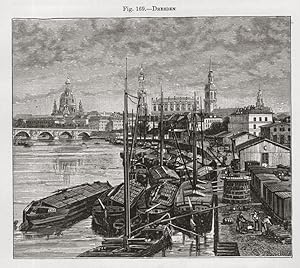The Docks in Dresden ,1881 Antique Historical Print