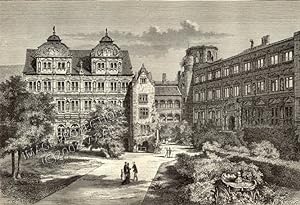 Heidelberg Castle or Heidelberger Schloss in Heidelberg, Germany,1881 Antique Print
