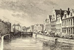 The Corn Quay or Korenlei is located in Ghent , Belgium,1881 Antique Print
