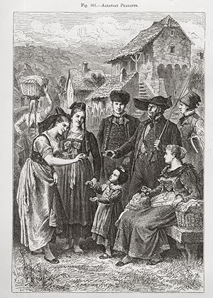 Group of Alsatian Peasants ,1881 Antique Historical Print