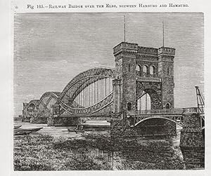 Railway bridge over the Elbe between Harburg and Hamburg ,1881 Antique Historical Print