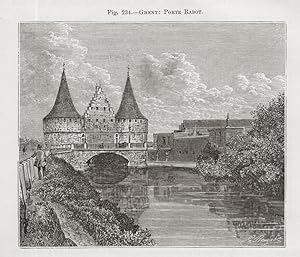 The Porte Rabot Gate in Ghent, Belgium ,1881 Antique Historical Print