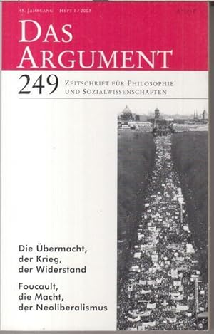 Immagine del venditore per Das Argument. Nr. 249. Heft 1/2003, 45. Jahrgang. - Aus dem Inhalt: Foucault, die Macht, der Neoliberalismus, u. a. R. Keith Sawyer: Archologie des Diskursbegriffs / Jan Rehmann: Vom Gefngnis zur modernen Seele / Tilman Reitz: Die Sorge um sich und niemand anderen - Foucault als Vordenker neoliberaler Vergesellschaftung / Die bermacht, der Krieg, der Widerstand. - Zeitschrift fr Philosophie und Sozialwissenschaften. venduto da Antiquariat Carl Wegner