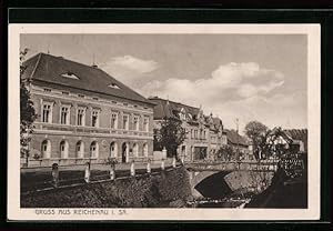 Ansichtskarte Reichenau i. Sa., Uferpartie mit Brücke