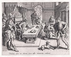 Bild des Verkufers fr Dominus servo suo debitum decies mille Talentorum." - The King Cancelling his Servant's Debt / Parable of the unmerciful servant / Schalksknecht / Bible Bibel zum Verkauf von Antiquariat Steffen Vlkel GmbH