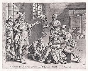 Bild des Verkufers fr Eumque tortoribus in carcere cas todiendum tradit" - The Imprisoned Servant / Parable of the unmerciful servant / Schalksknecht / Bible Bibel / Gospel of Matthew zum Verkauf von Antiquariat Steffen Vlkel GmbH