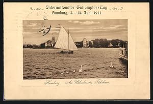 Ansichtskarte Hamburg, Int. Guttempler-Tag 1911, Partie am Uhlenhorster Fährhaus, Segelboot, Anti...