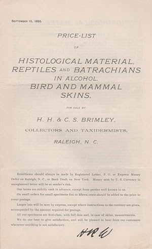 Price-List of Histological Material, Reptiles, and Batrachians in Alcohol, Bird and Mammal Skins