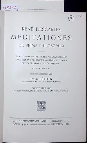 Bild des Verkufers fr MEDITATIONES. DE PRIMA PHILOSOPHIA zum Verkauf von Antiquariat Bookfarm