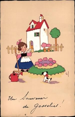 Künstler Ansichtskarte / Postkarte Gil, Mädchen beim Gärtnern, Blumenbeet, Hund