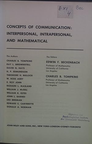 Immagine del venditore per Concepts of Communication: Interpersonal, Intrapersonal, and Mathematical. University of California Wngineering and Physical Sciences Extension Series venduto da books4less (Versandantiquariat Petra Gros GmbH & Co. KG)