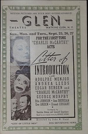 Seller image for Letter of Introduction Local Theater Herald 1938 Adolphe Menjou, Andrea Leeds for sale by AcornBooksNH