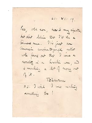 ".don't believe that I'll be a famous man." - A 21 November 1919 autograph letter signed by T. E....