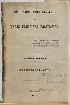 Seller image for Rflexions prliminaires des vrais principes politiques for sale by Librairie Michel Morisset, (CLAQ, ABAC, ILAB)