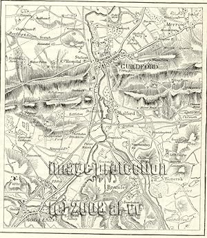 Guildford and Godalming in Surrey, England,1881 1800s Antique Map