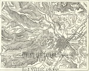 Sheffield in South Yorkshire, England,1881 1800s Antique Map