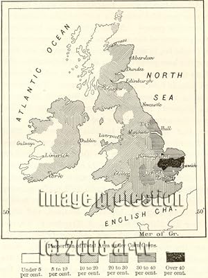 Proportion of the total area of the British Isles under corn crops,1881 1800s Antique Map