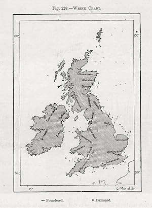 Wreck Chart of the British Isles,1881 1800s Antique Map