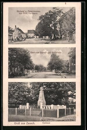 Ansichtskarte Zaasch, Bäckerei R. Hartmann, Gasthaus Zaasch und Dorfstrasse, Denkmal
