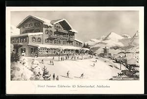 Ansichtskarte Adelboden, Hotel Pension Edelweiss, Schweizerhof im Winter, mit Ortsblick und Skilä...