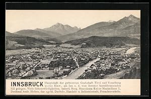 Bild des Verkufers fr Ansichtskarte Innsbruck, Hauptstadt der gefrsteten Grafschaft Tirol und Vorarlberg, Gesamtansicht zum Verkauf von Bartko-Reher