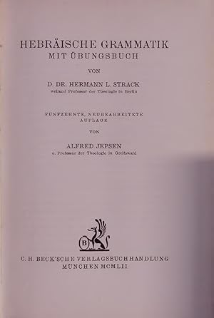 Bild des Verkufers fr HEBRAISCHE GRAMMATIK MIT UBUNGSBUCH. zum Verkauf von Antiquariat Bookfarm