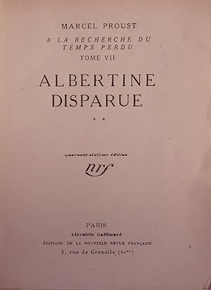 Bild des Verkäufers für ALBERTINE DISPARUE. A LA RECHERCHE DU TEMPS PERDU, TOME VII zum Verkauf von Antiquariat Bookfarm