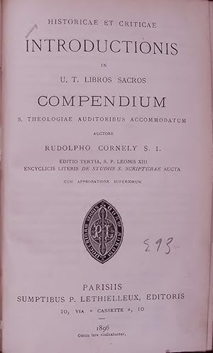 Seller image for HISTORICAE ET CRITICAE INTRODUCTIONIS IN U. T. LIBROS SACROS COMPENDIUM S. THEOLOGIAE AUDITORIBUS ACCOMMODATUM. for sale by Antiquariat Bookfarm