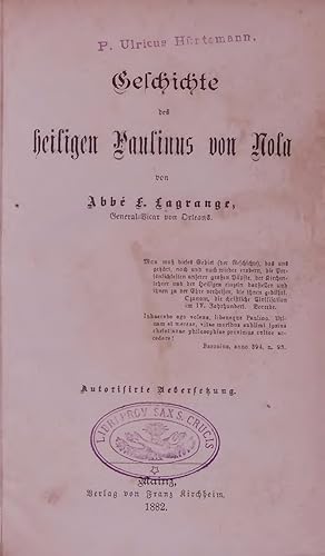 Bild des Verkufers fr Geschichte des heiligen Paulinus von Nola. zum Verkauf von Antiquariat Bookfarm