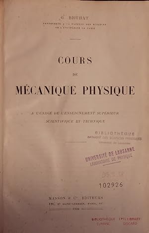 Bild des Verkufers fr Cours de Mecanique Physique. zum Verkauf von Antiquariat Bookfarm