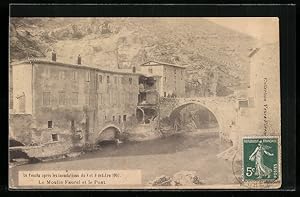 Ansichtskarte Le Pouzin, Le Moulin Faurel et le Pont après les inondations de 1907, Hochwasser