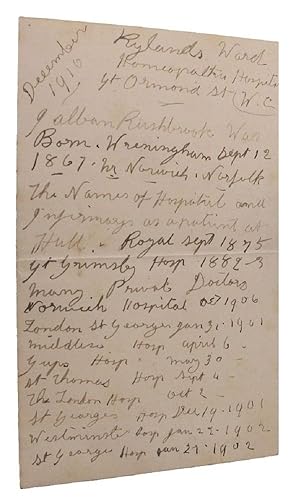 AUTOGRAPH STATEMENT, signed, headed Rylands War, Homeopathic Hospital Gt Ormond St W.C., December...