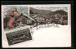 Lithographie Salzburg, Panorama, Riedenburg, Gasthof-Kaffee Ofenloch